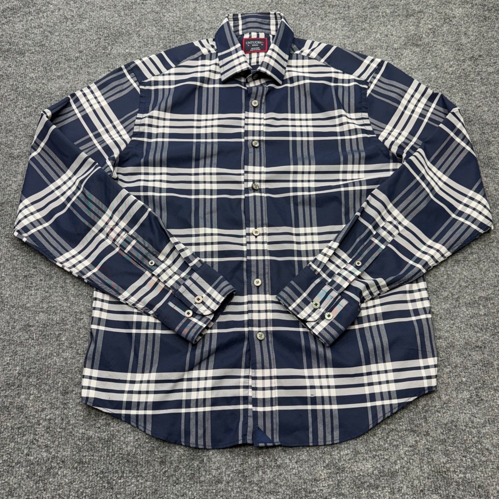 UNTUCKit Mens‎ Navy Blue White Plaid Performance Button Down Shirt Small